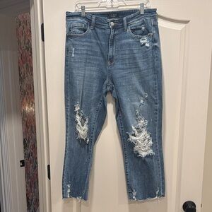 Judy Blue Distressed Mid Blue Straight Fit Crop Jeans